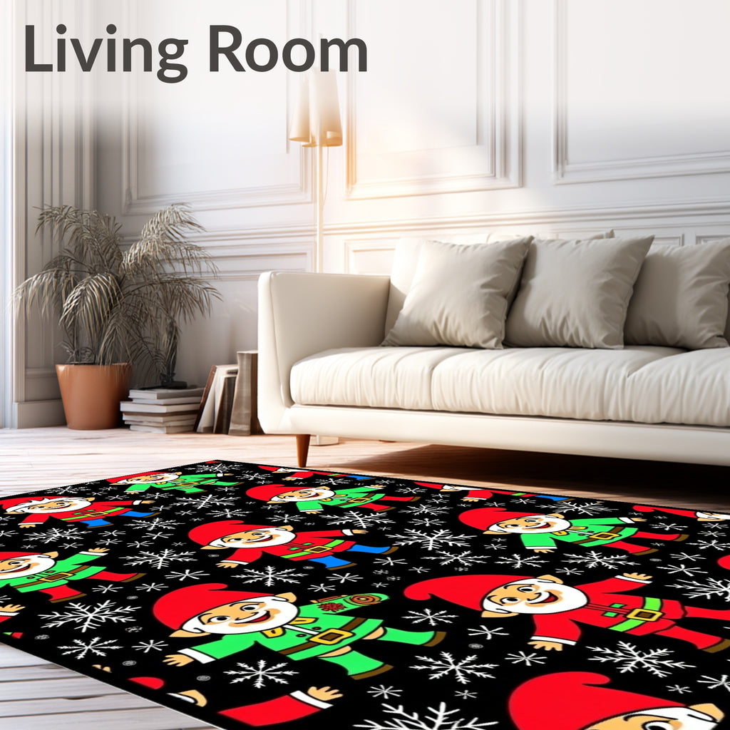 Festive Christmas Gnomes Snowflakes Black Rug