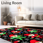Festive Christmas Gnomes Snowflakes Black Rug