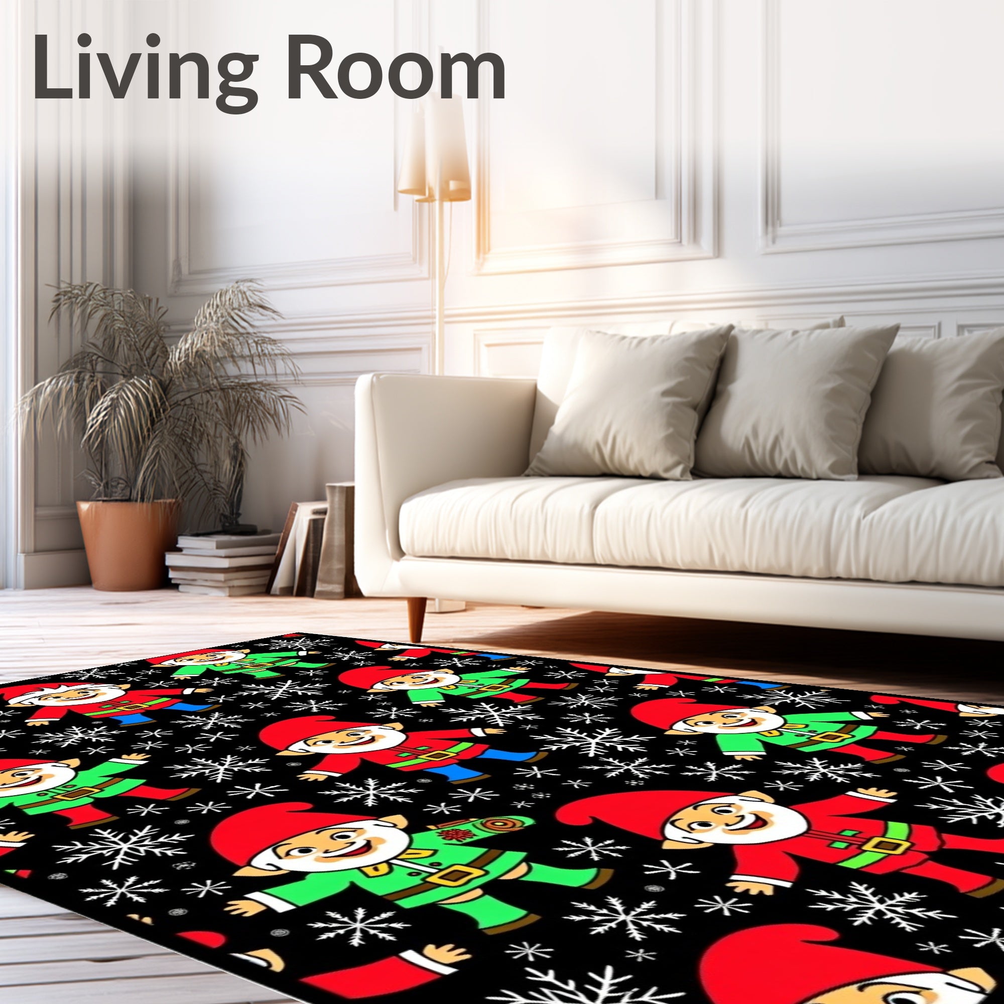 Festive Christmas Gnomes Snowflakes Black Rug