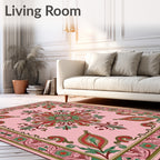 Intricate Floral Bordered Pink Pattern Rug
