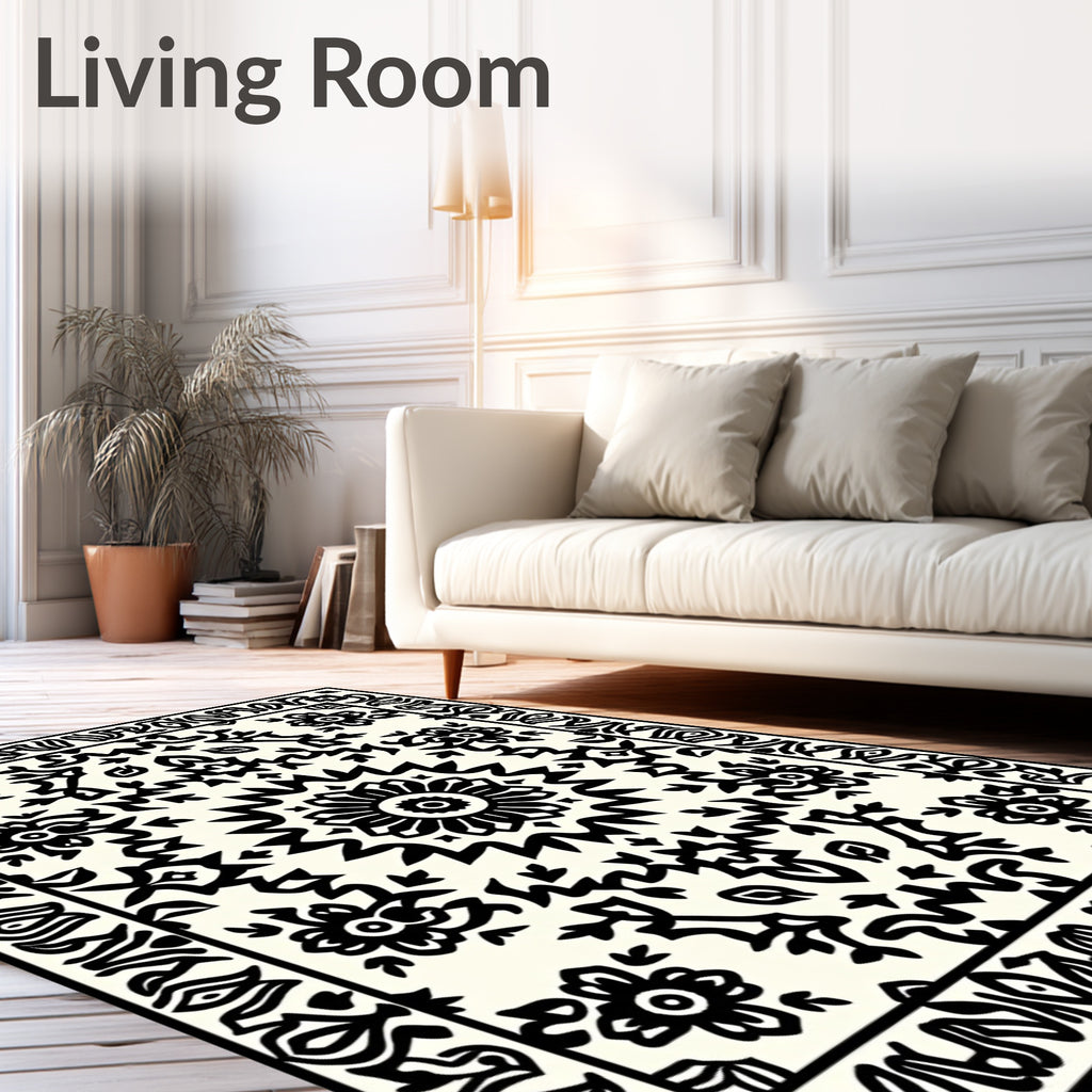 Bold Black Floral Mandala Pattern Rug