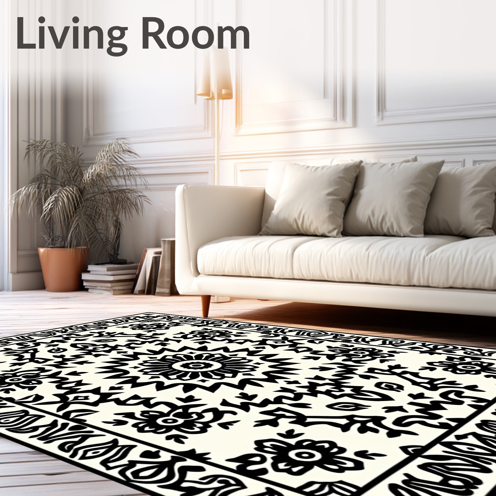 Bold Black Floral Mandala Pattern Rug