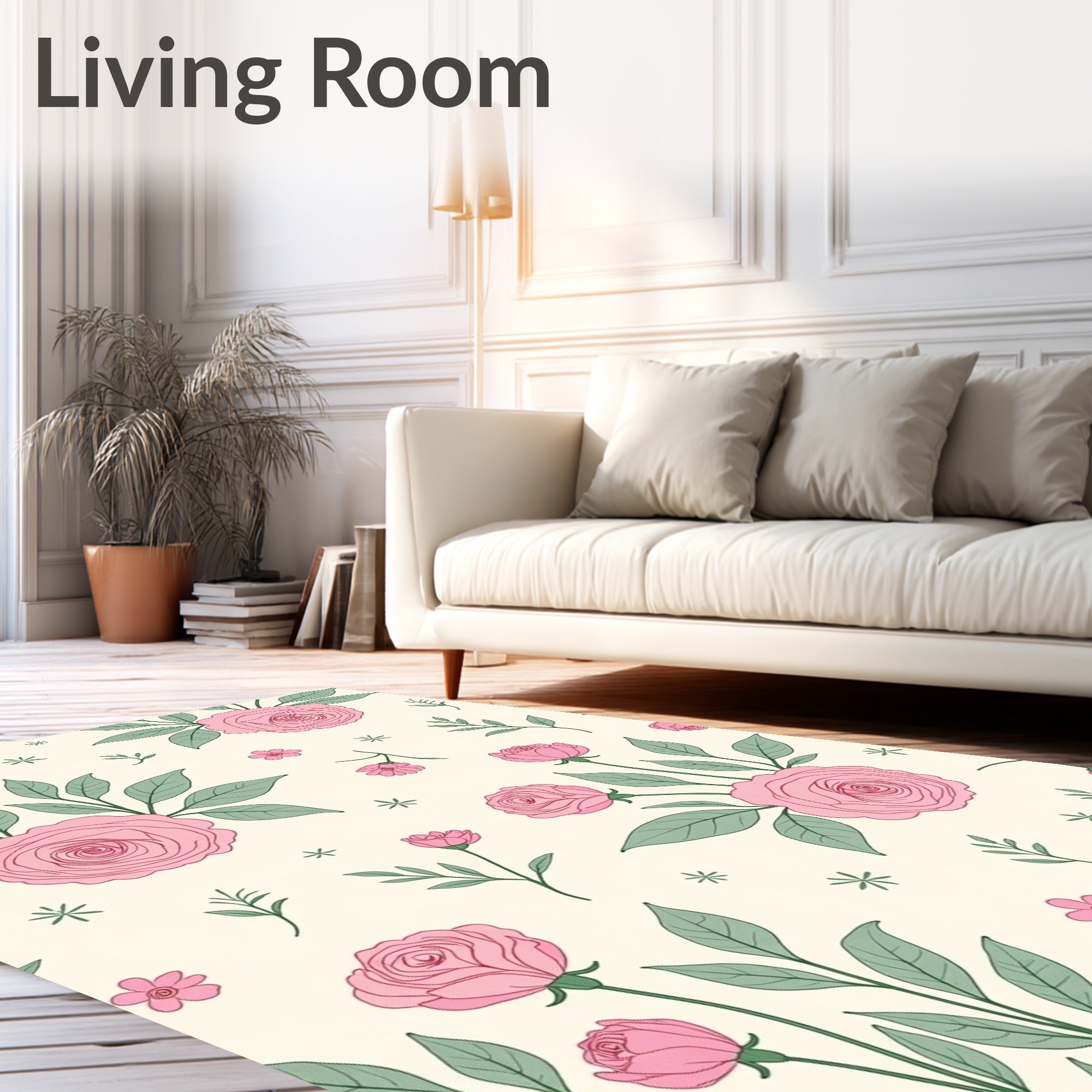 Pink Rose and Green Leaf Pattern Rug