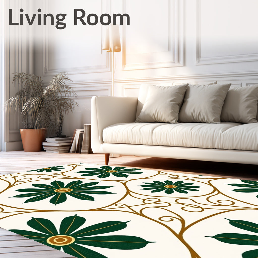 Elegant Green Flower Vine Motif Rug