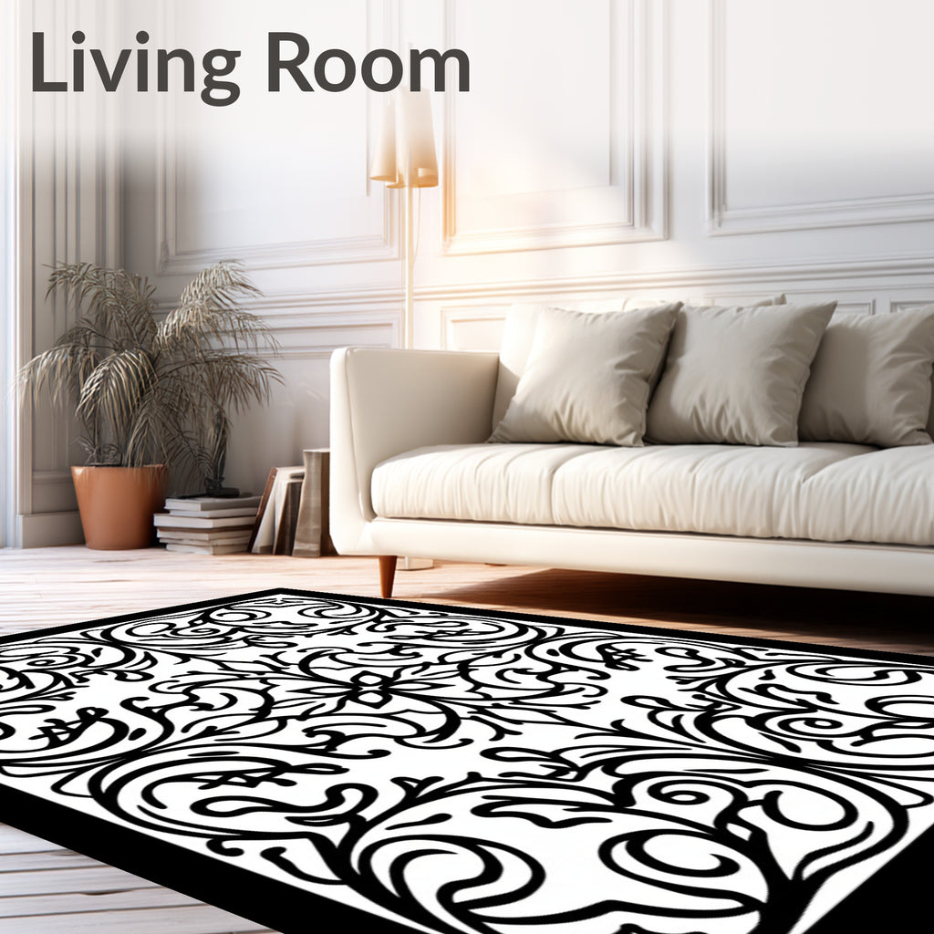 Ornate Black White Floral Swirls Rug