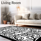 Ornate Black White Floral Swirls Rug