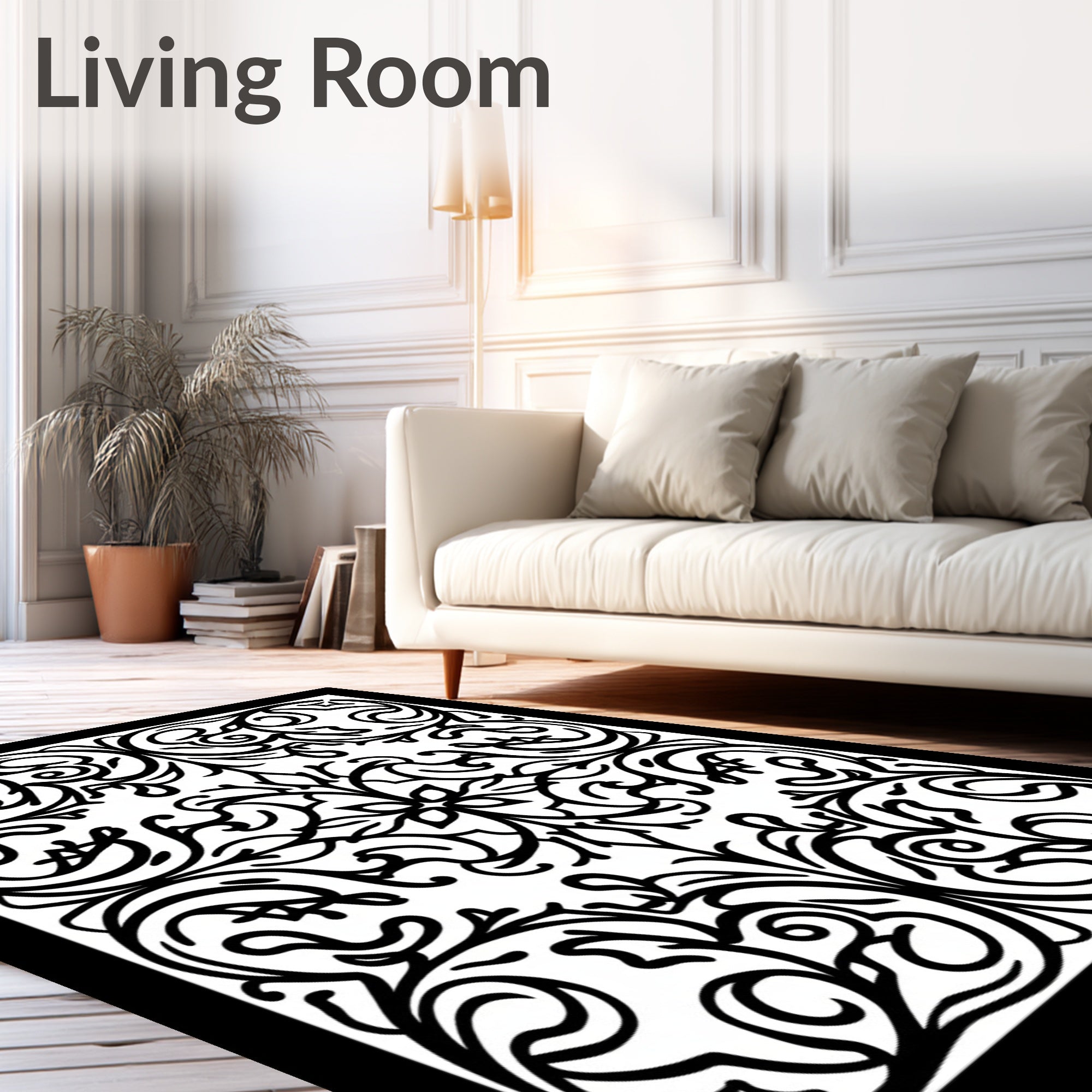Ornate Black White Floral Swirls Rug