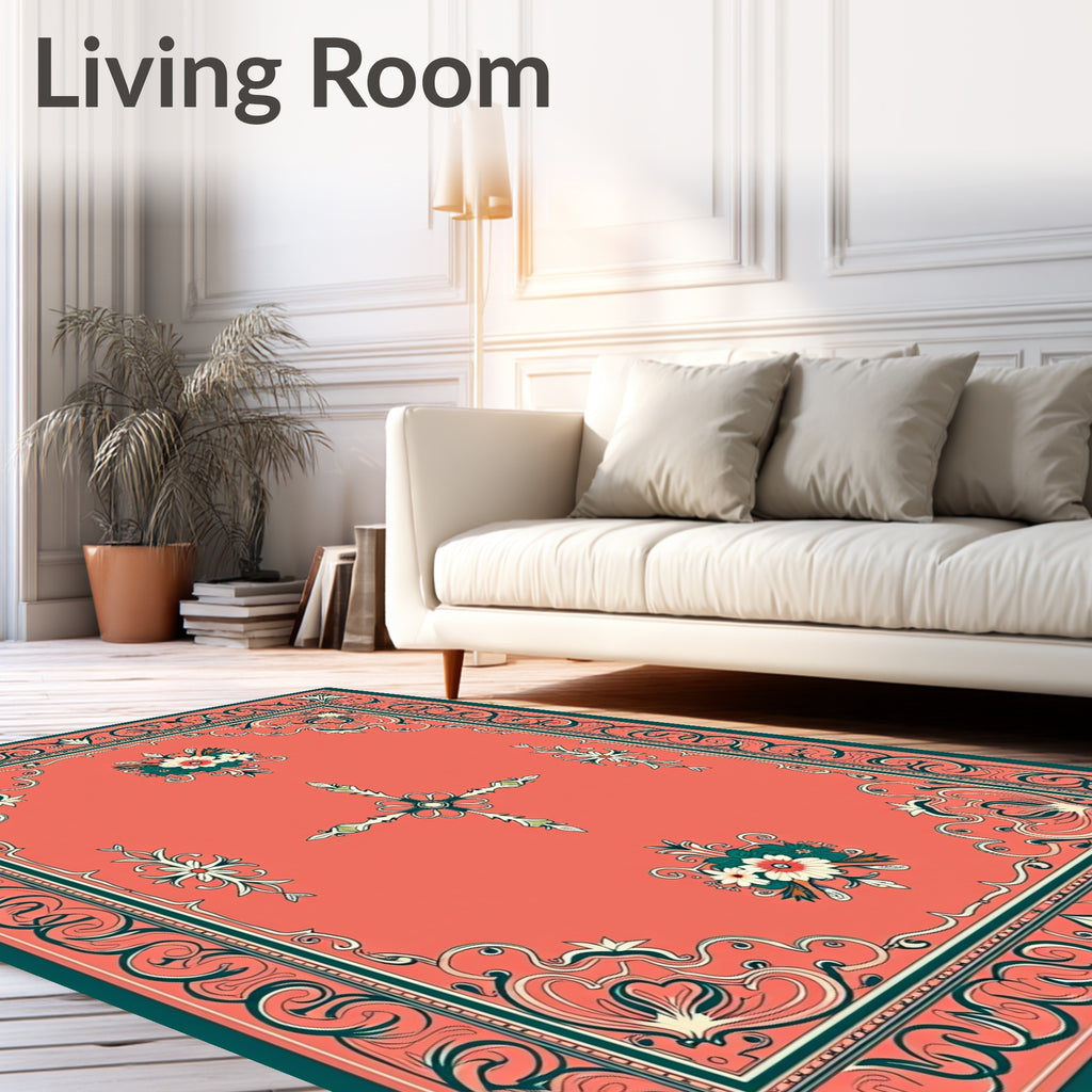 Ornate Coral Floral Scroll Framed Rug
