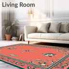 Ornate Coral Floral Scroll Framed Rug