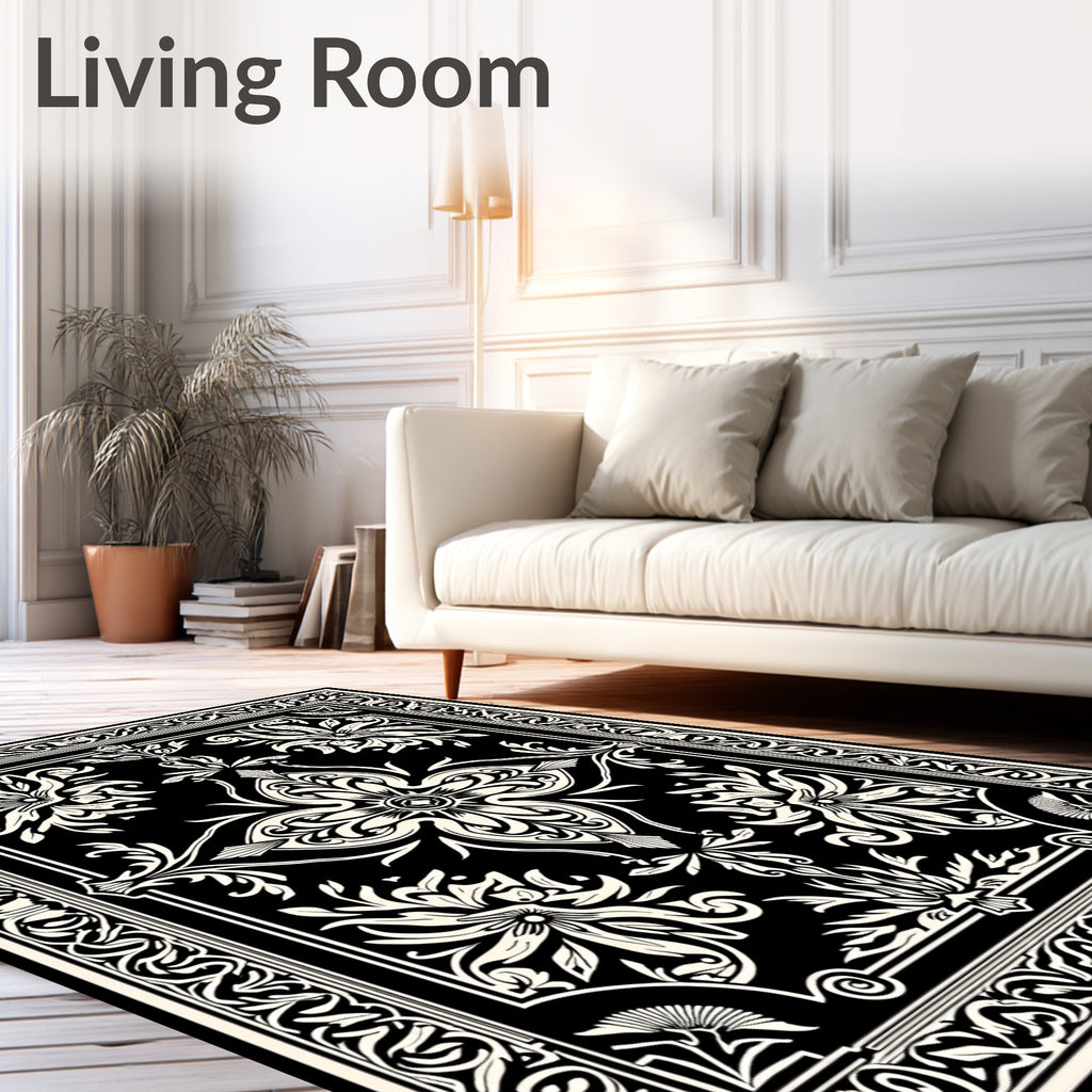 Classic Floral Medallion Black And White Rug