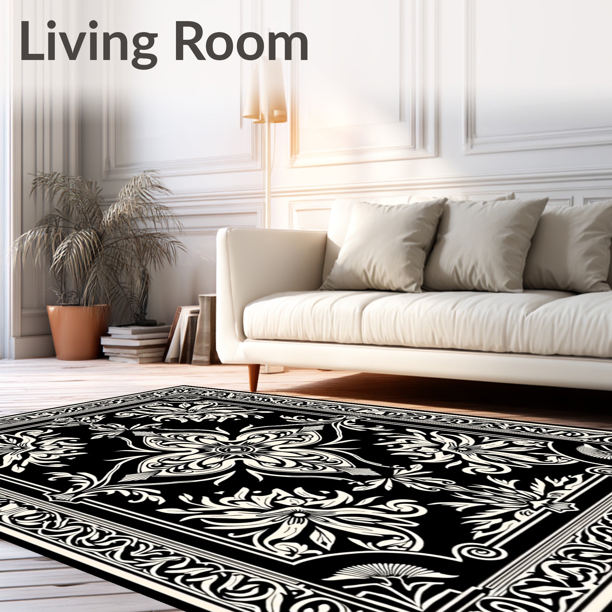 Classic Floral Medallion Black And White Rug