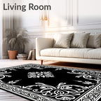 Ornate Black and White Floral Scroll Rug