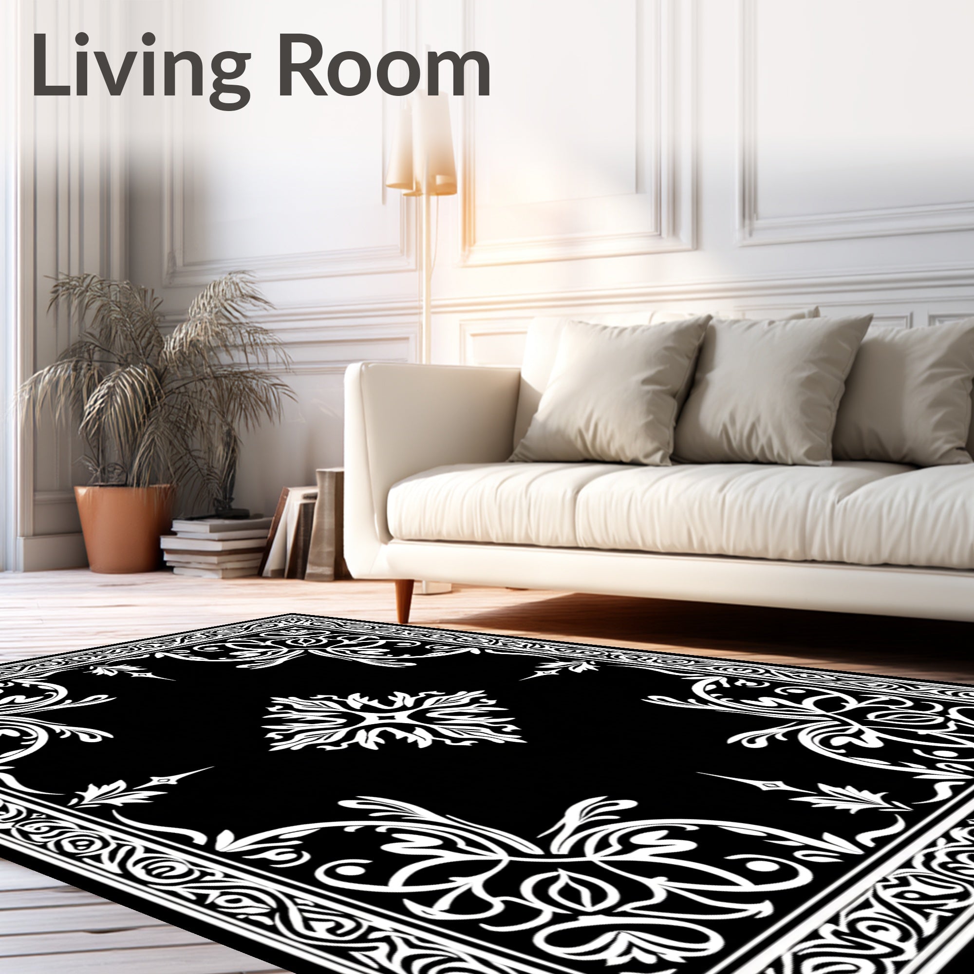 Ornate Black and White Floral Scroll Rug
