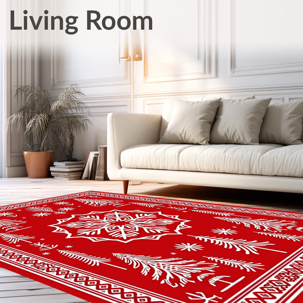 Red Winter Forest Snowflake Trees Rug