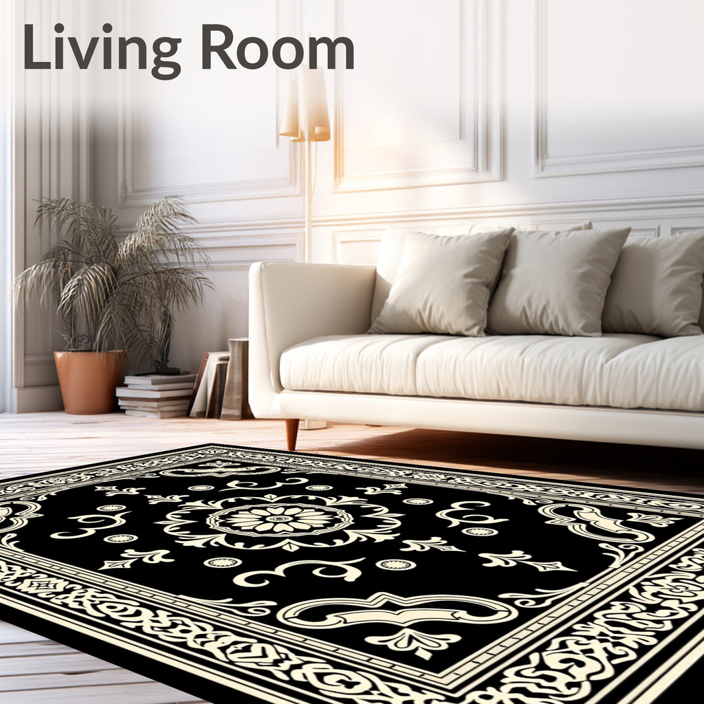 Elegant Black Cream Scroll Rug