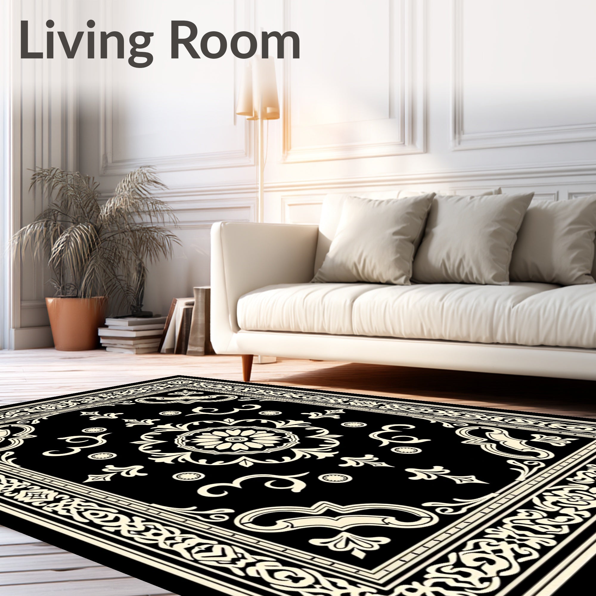 Elegant Black Cream Scroll Rug