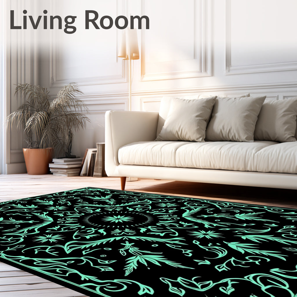 Black Teal Floral Mandala Rug