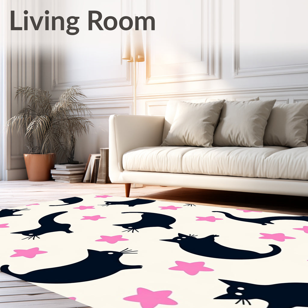 Playful Black Cats With Pink Stars Pattern Rug