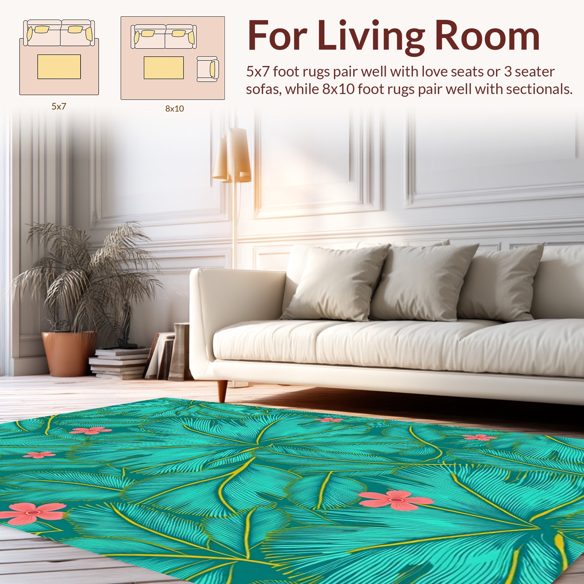 Teal Tropical Leaf Flower Pattern Rug