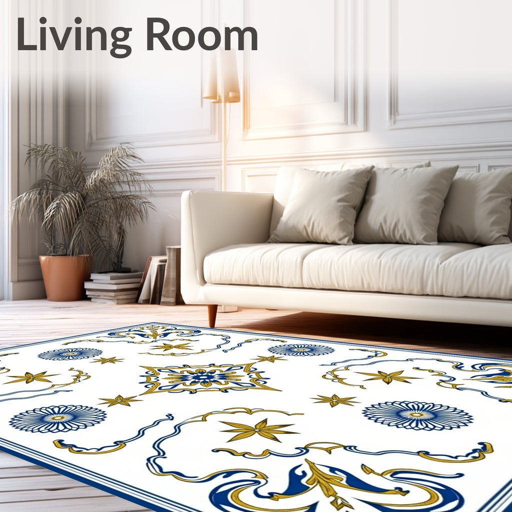 Ornate Blue Gold Floral Pattern Rug
