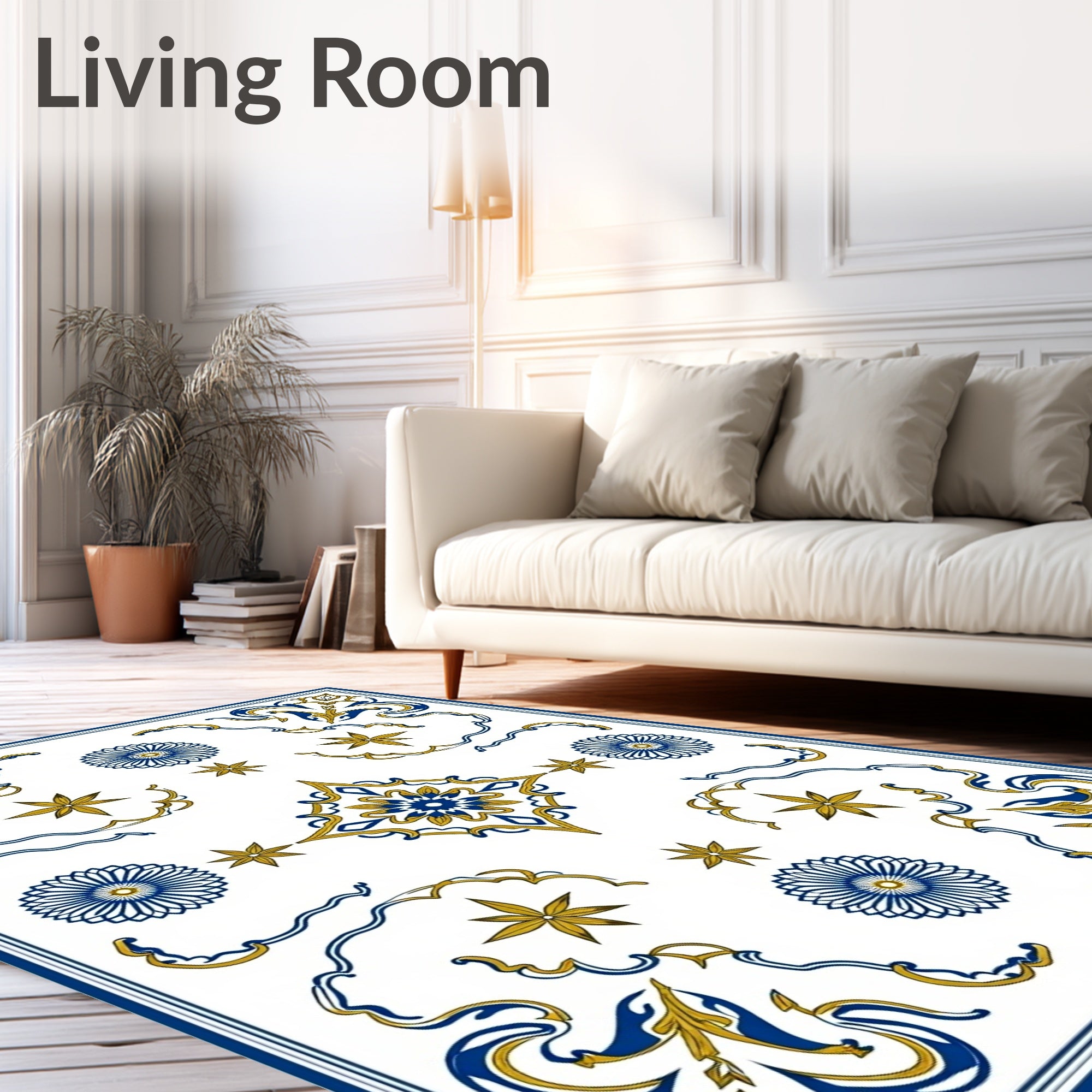 Ornate Blue Gold Floral Pattern Rug