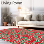 Vibrant Red Green Leafy Floral Pattern Rug