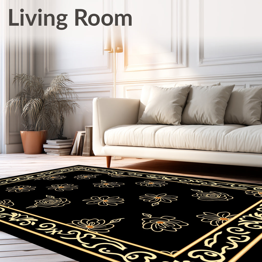 Black Floral Border With Gold Outline Rug