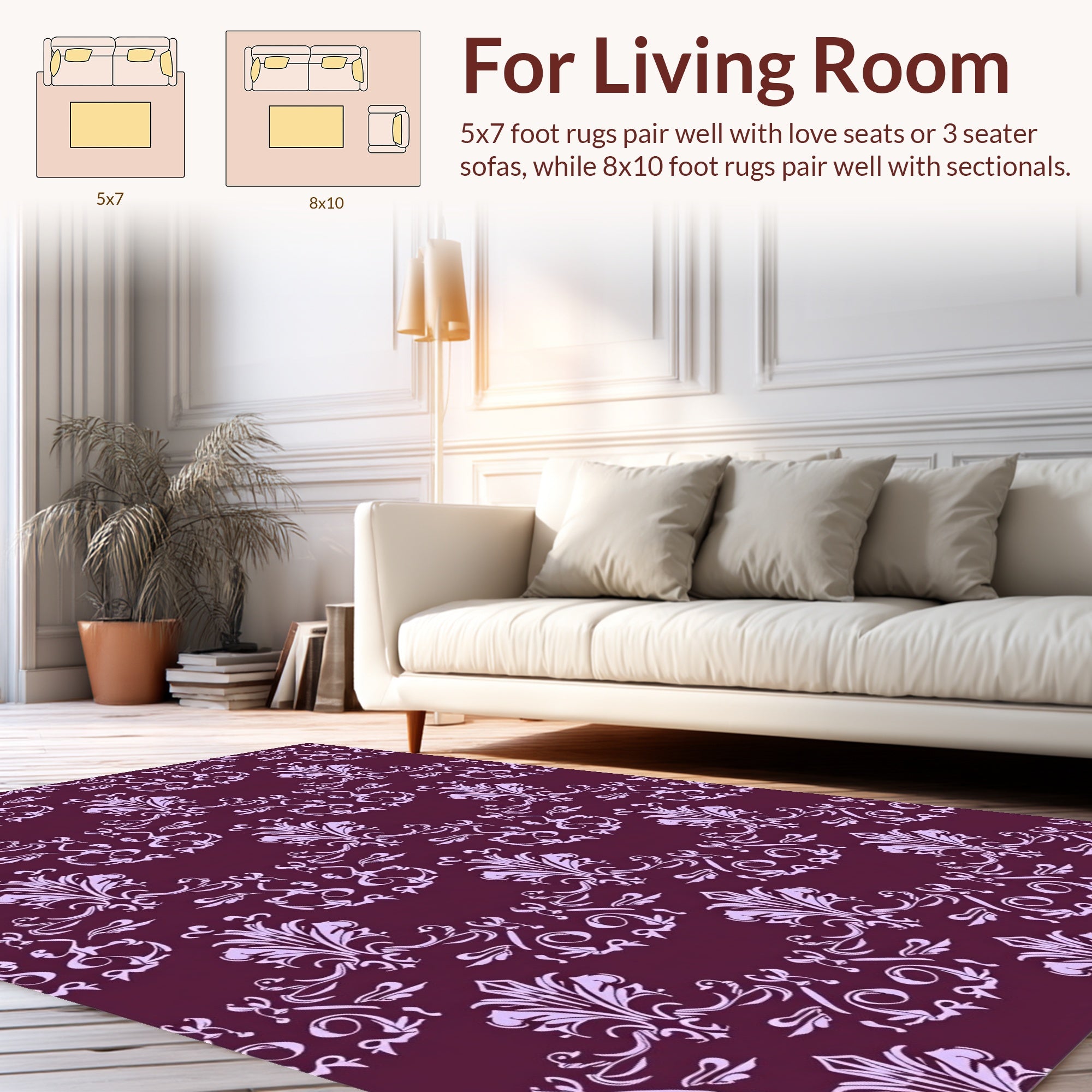 Rich Plum Damask Floral Design Rug