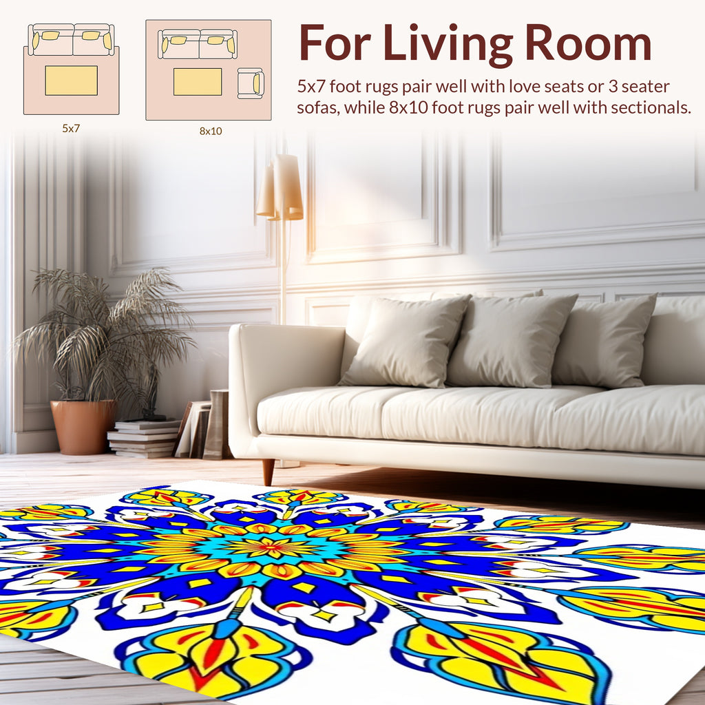 Vibrant Blue Yellow Floral Mandala Rug