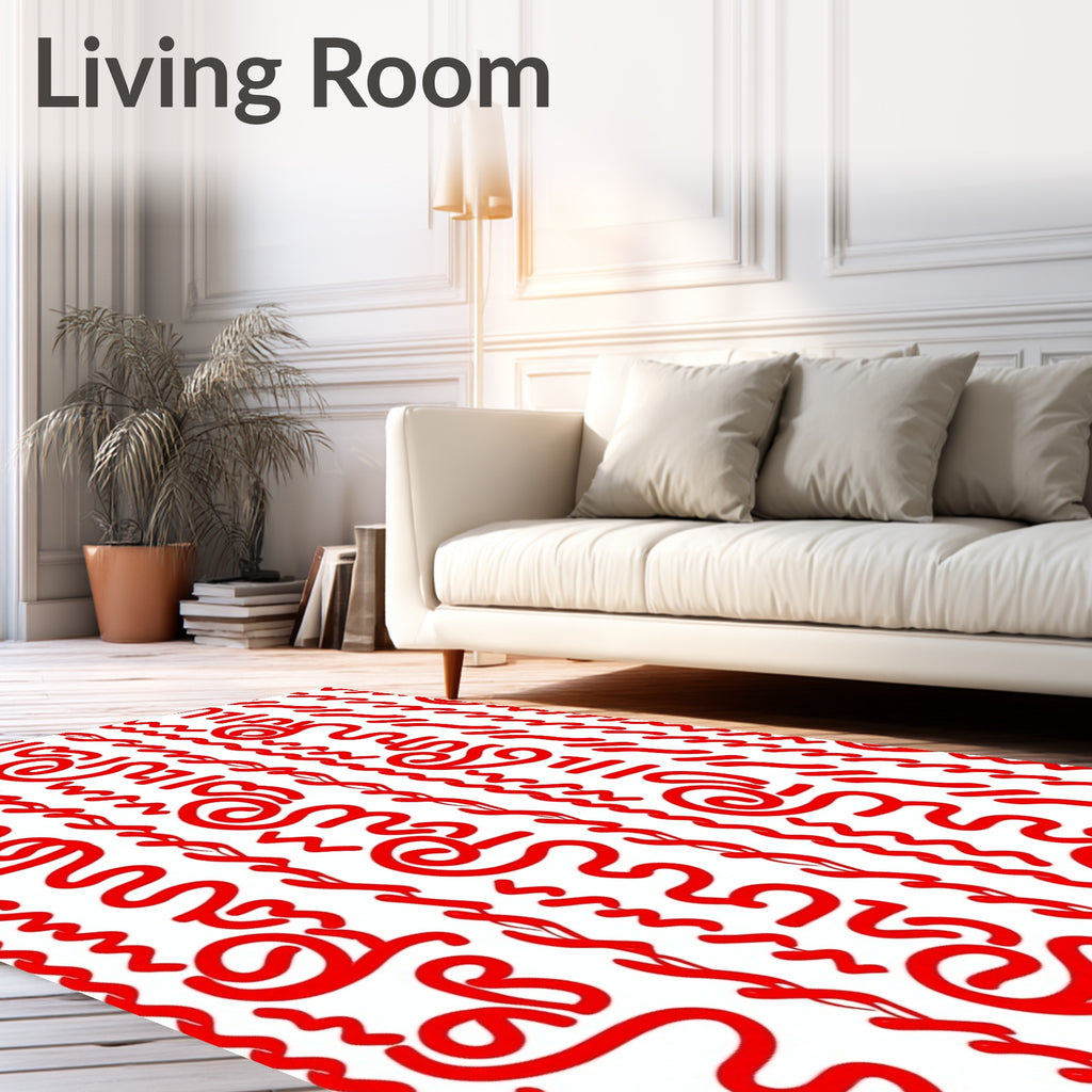 Bold Red Calligraphic Swirls Rug