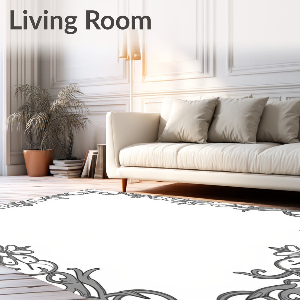 Ornate Gray Swirling Scrollwork Pattern Rug