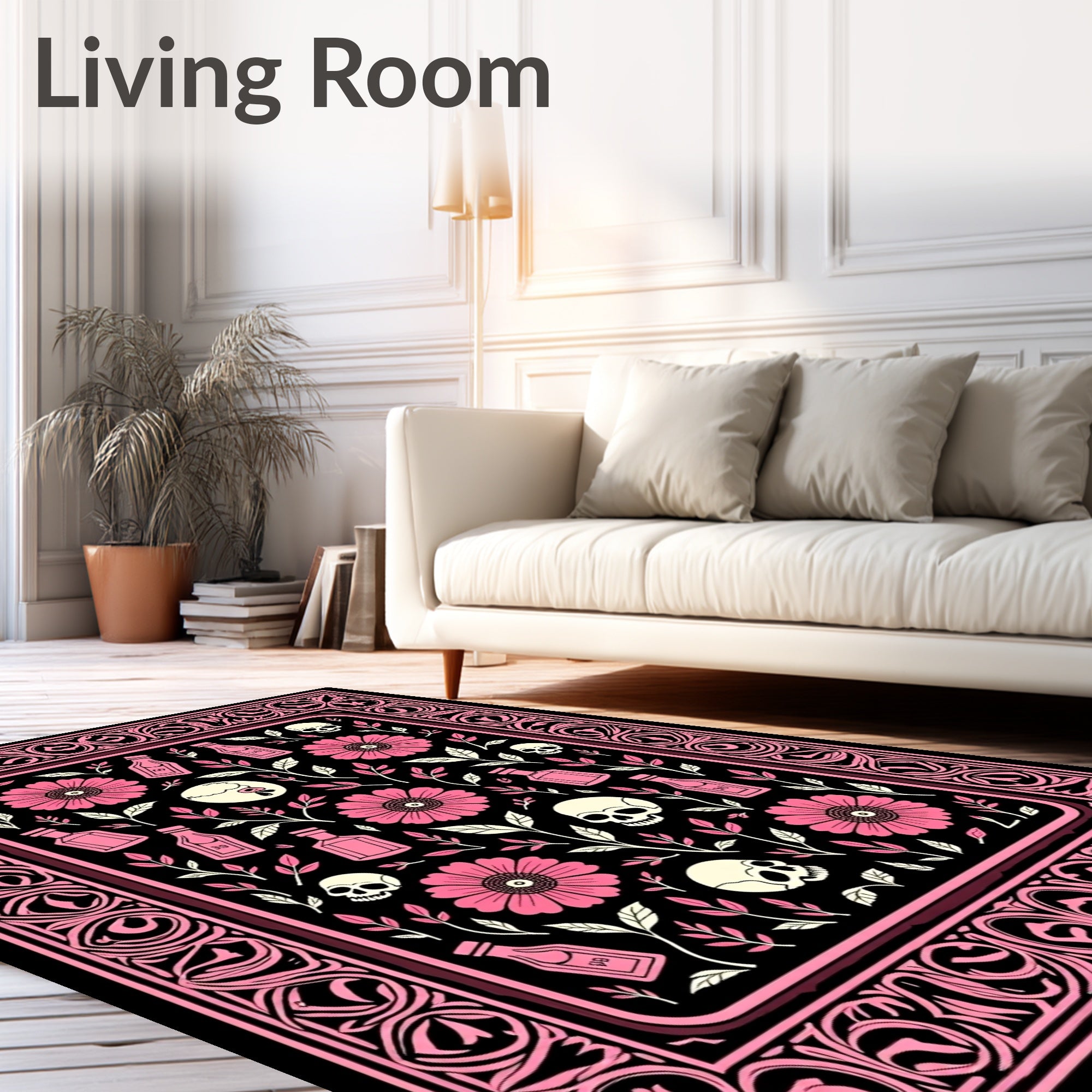 Pink Floral Skull Bottle Pattern Rug