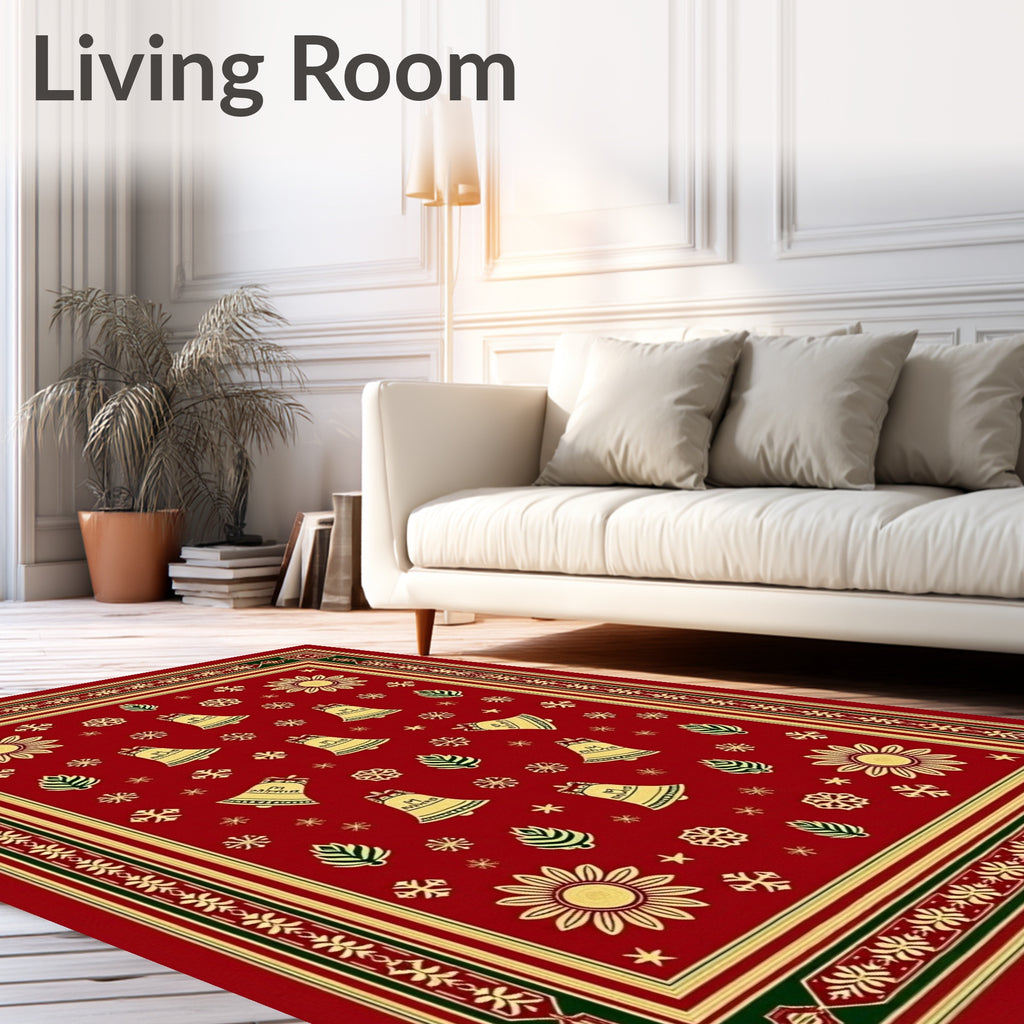 Festive Red Gold Bell Snowflake Rug