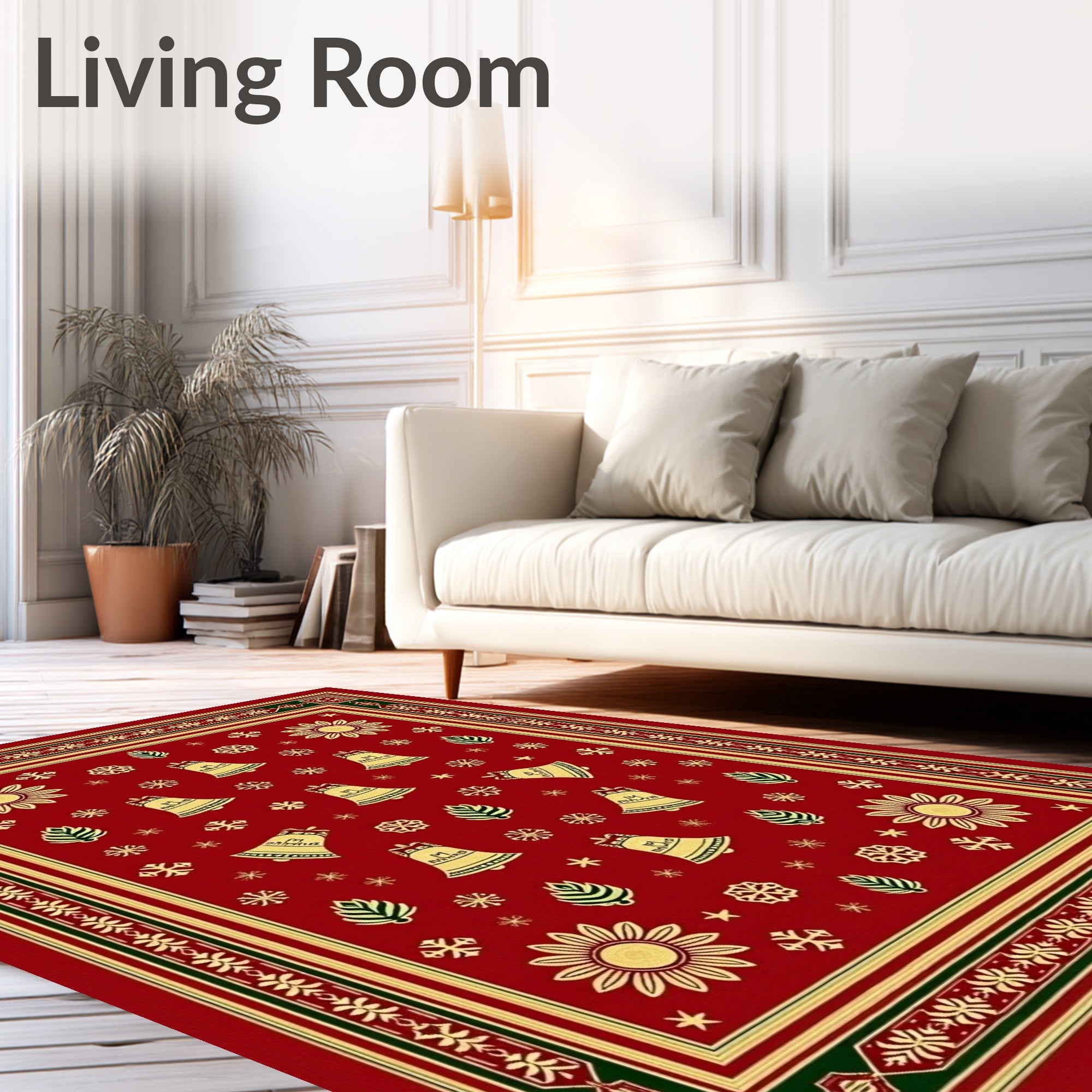 Festive Red Gold Bell Snowflake Rug