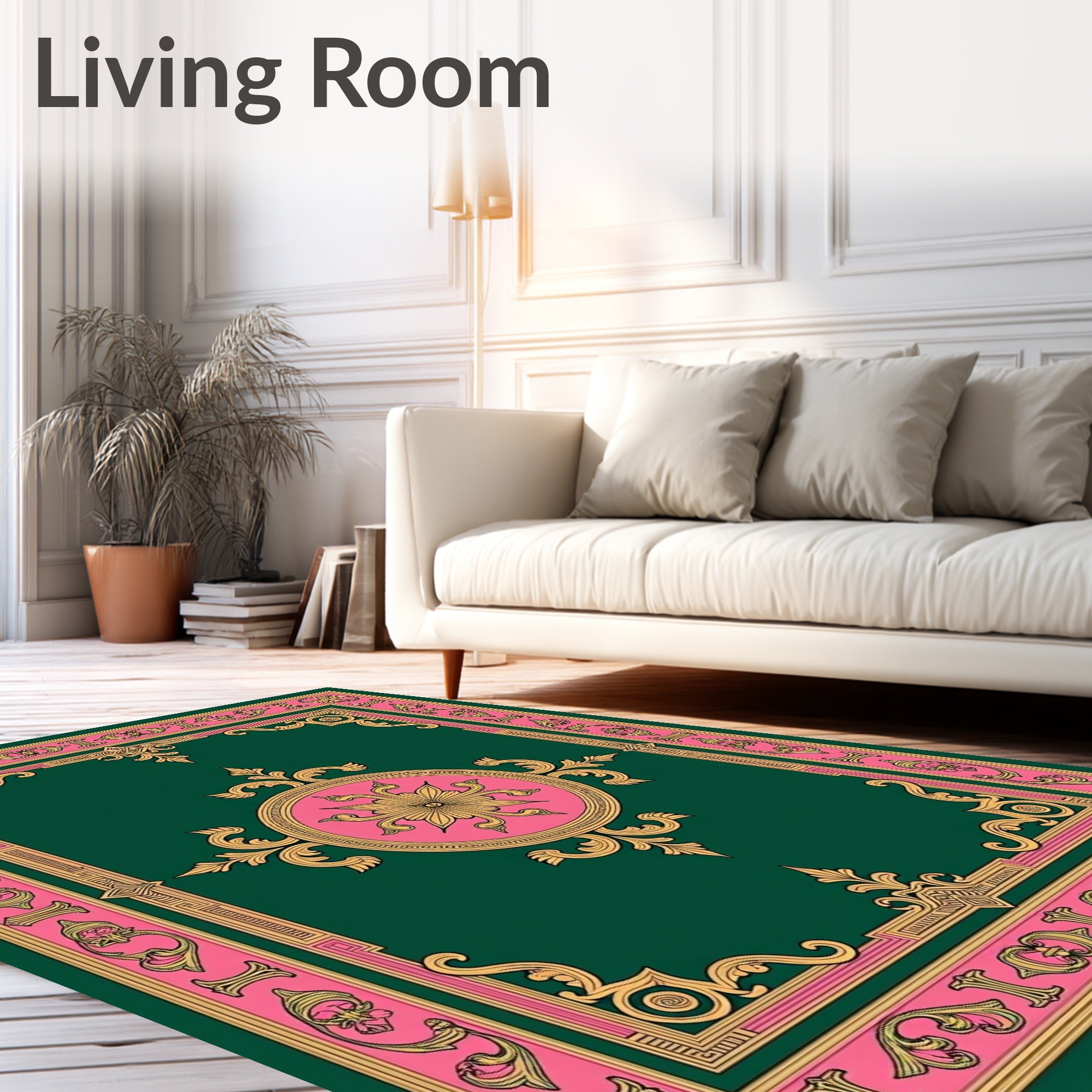 Emerald Green Pink Gold Medallion Frame Rug