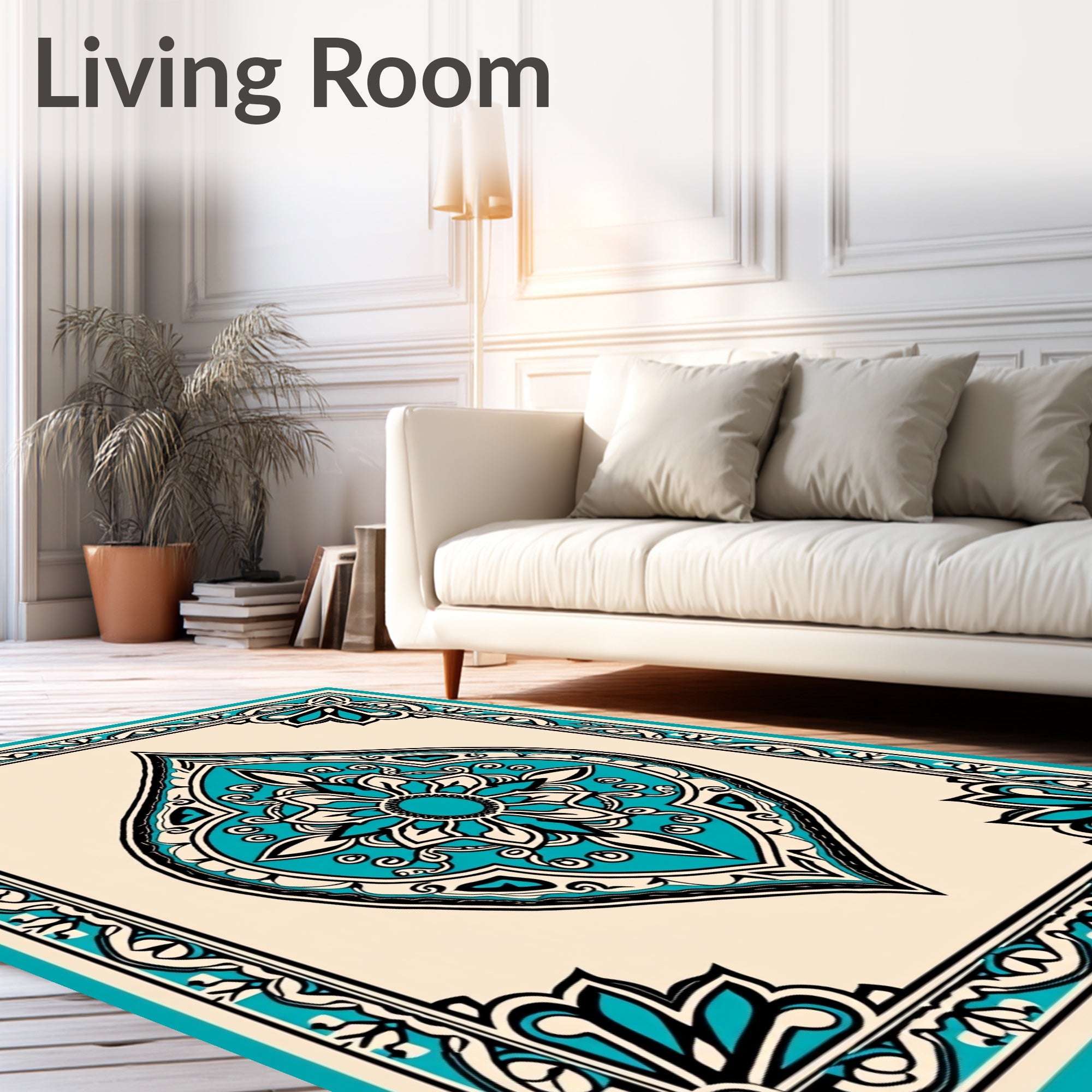 Teal Medallion Intricate Border Design Rug