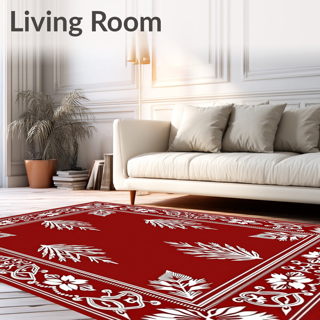 Bold Red White Floral Branch Design Rug