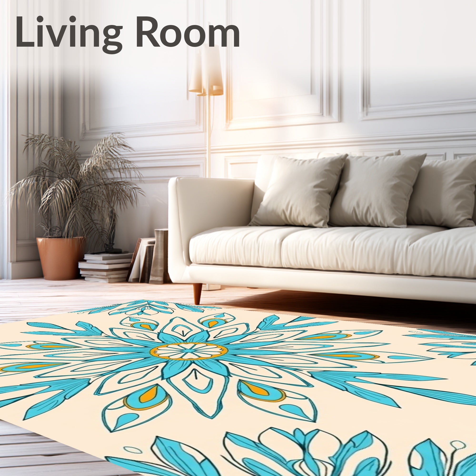 Mandala-Inspired Teal Yellow Floral Pattern Rug