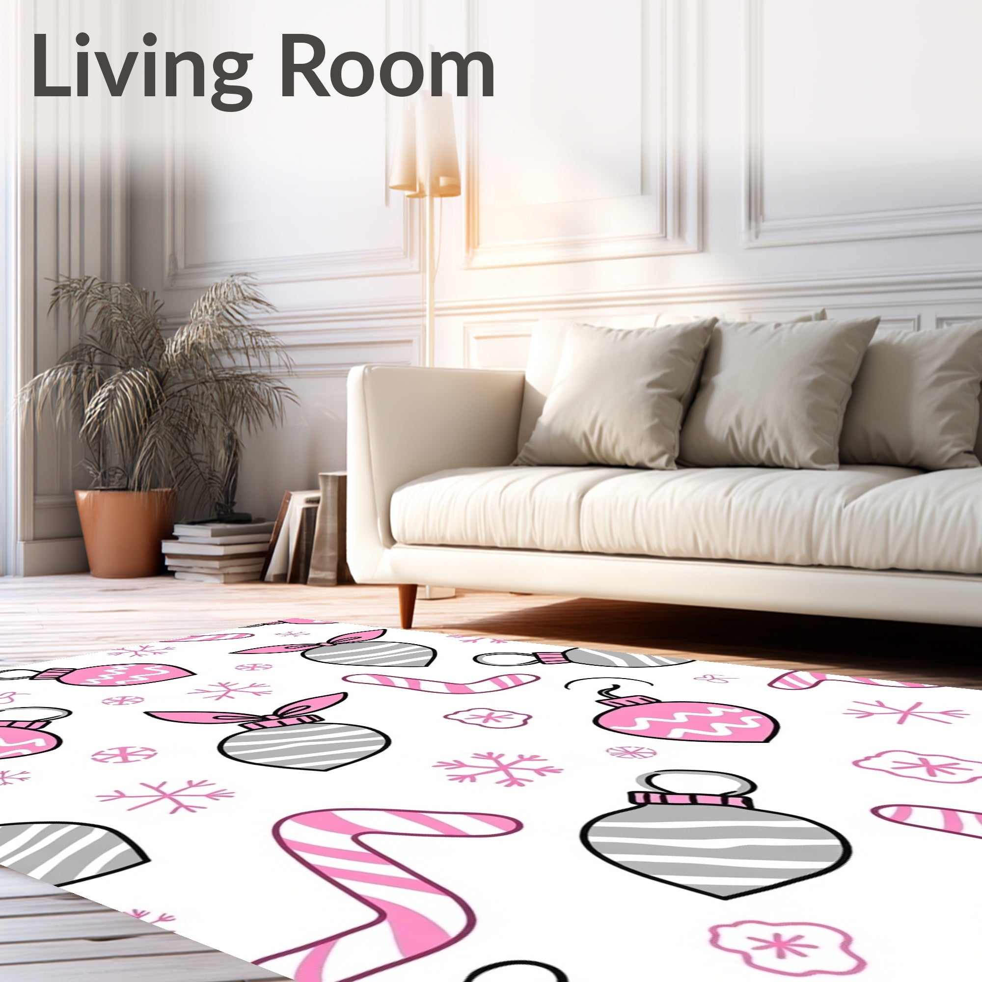 Pink Gray Ornaments Candy Canes Snowflakes Rug