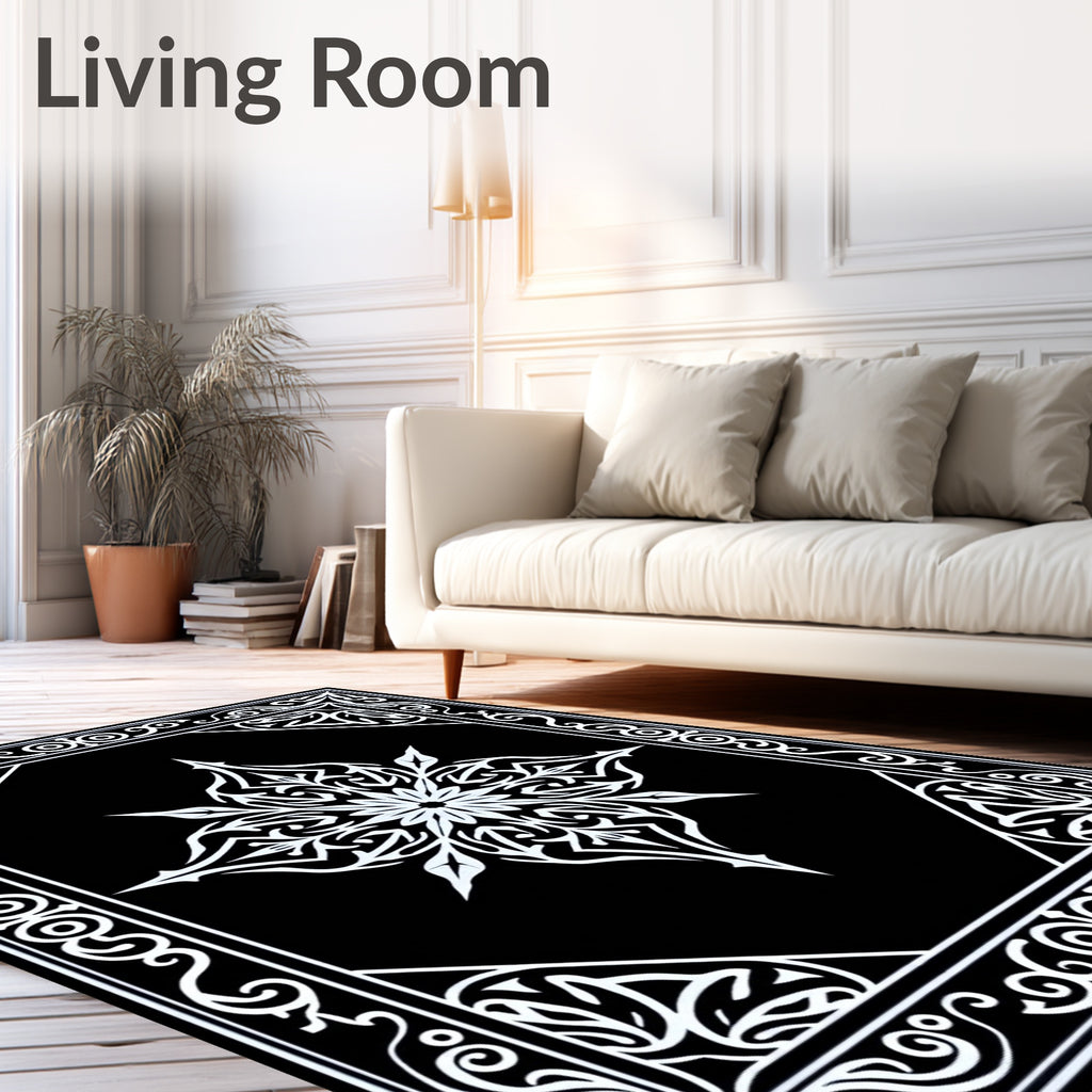 Black White Gothic Floral Star Design Rug