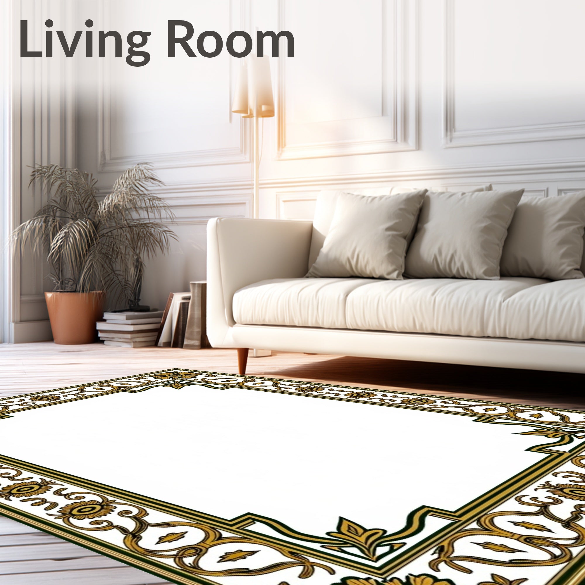 Golden Floral Bordered Artwork Rug