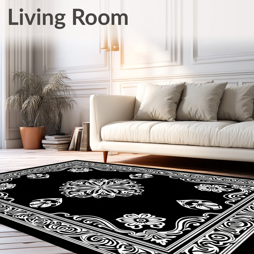 Black And White Floral Medallion Design Rug