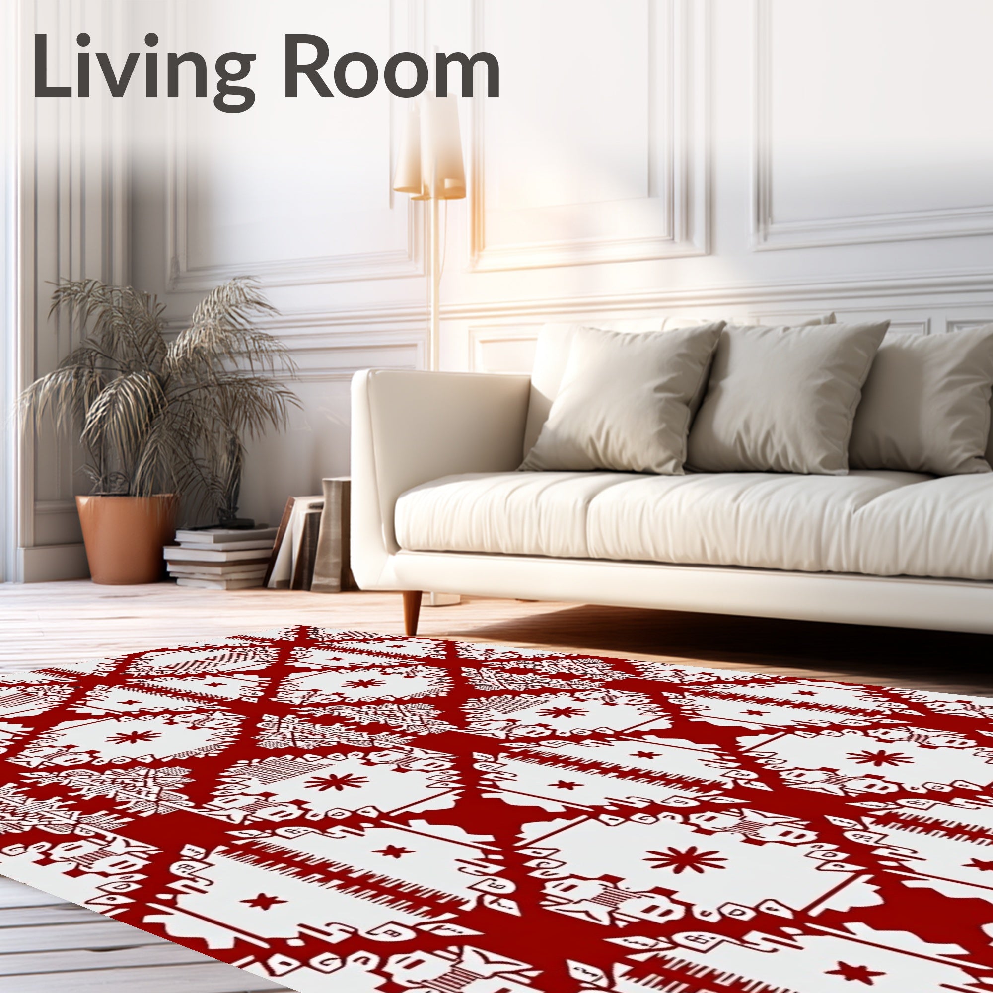 Red And White Geometric Art Deco Rug