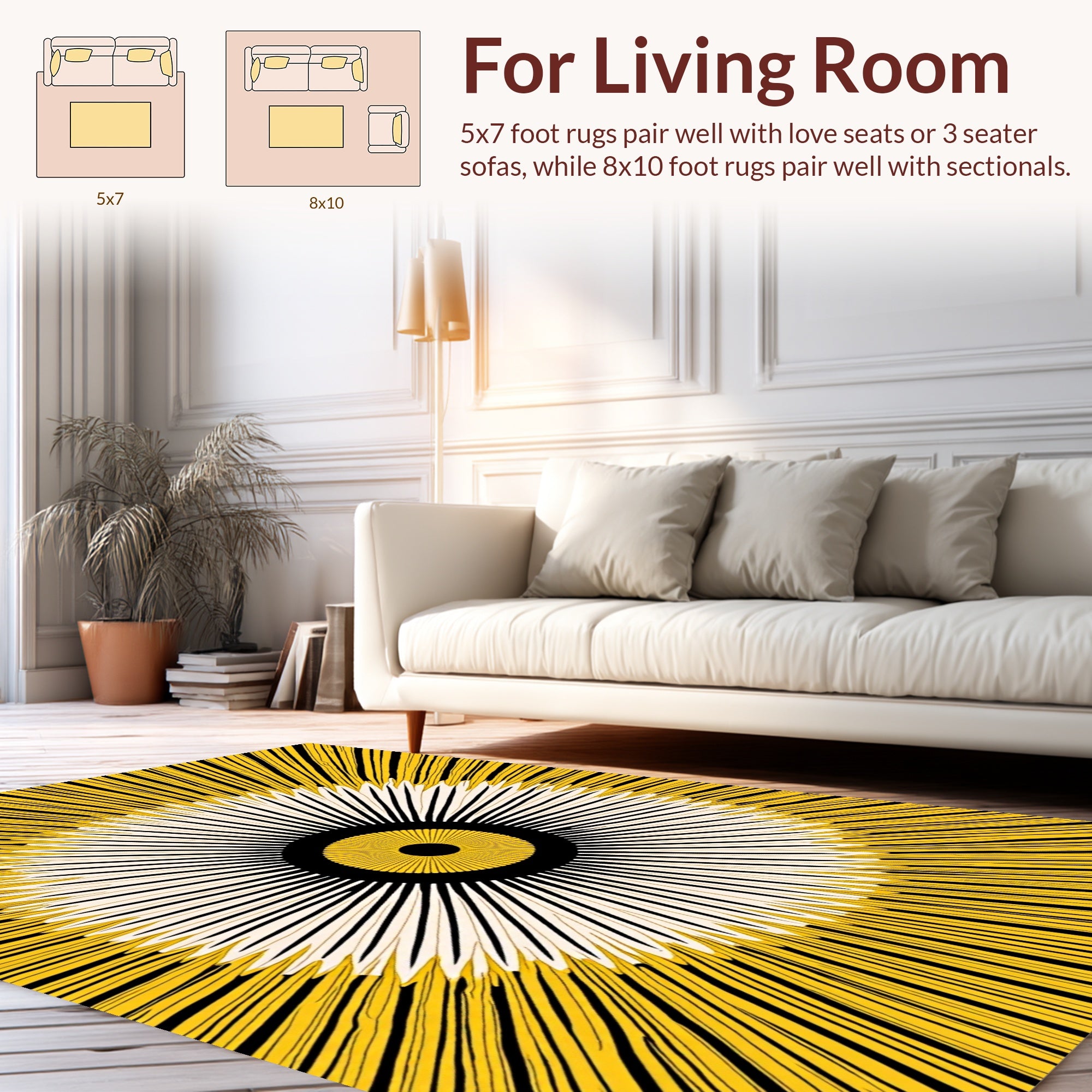 Radiating Sunburst Yellow Black Rug