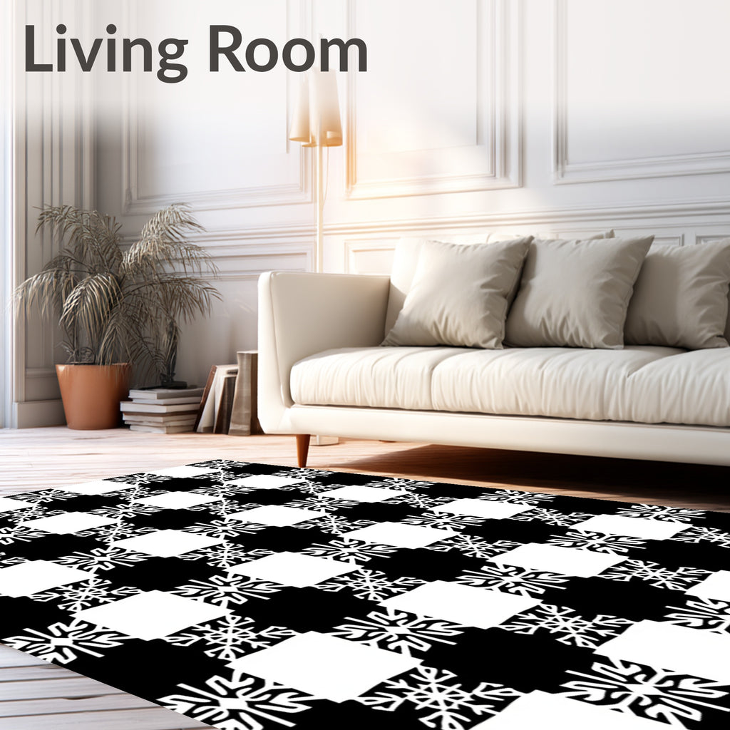 Bold Black White Geometric Snowflake Rug