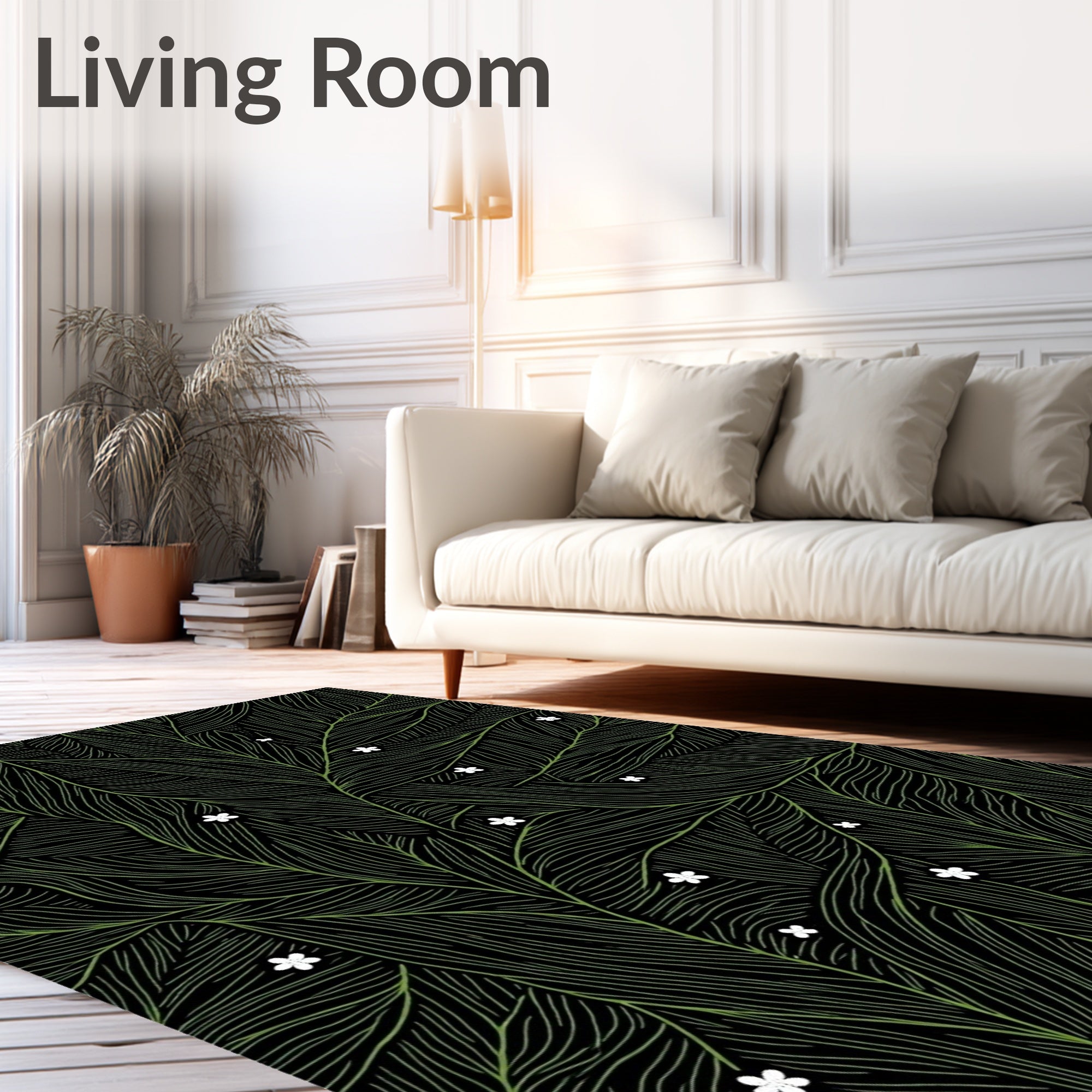 Lush Green Leaf Pattern with White Flowers Rug
