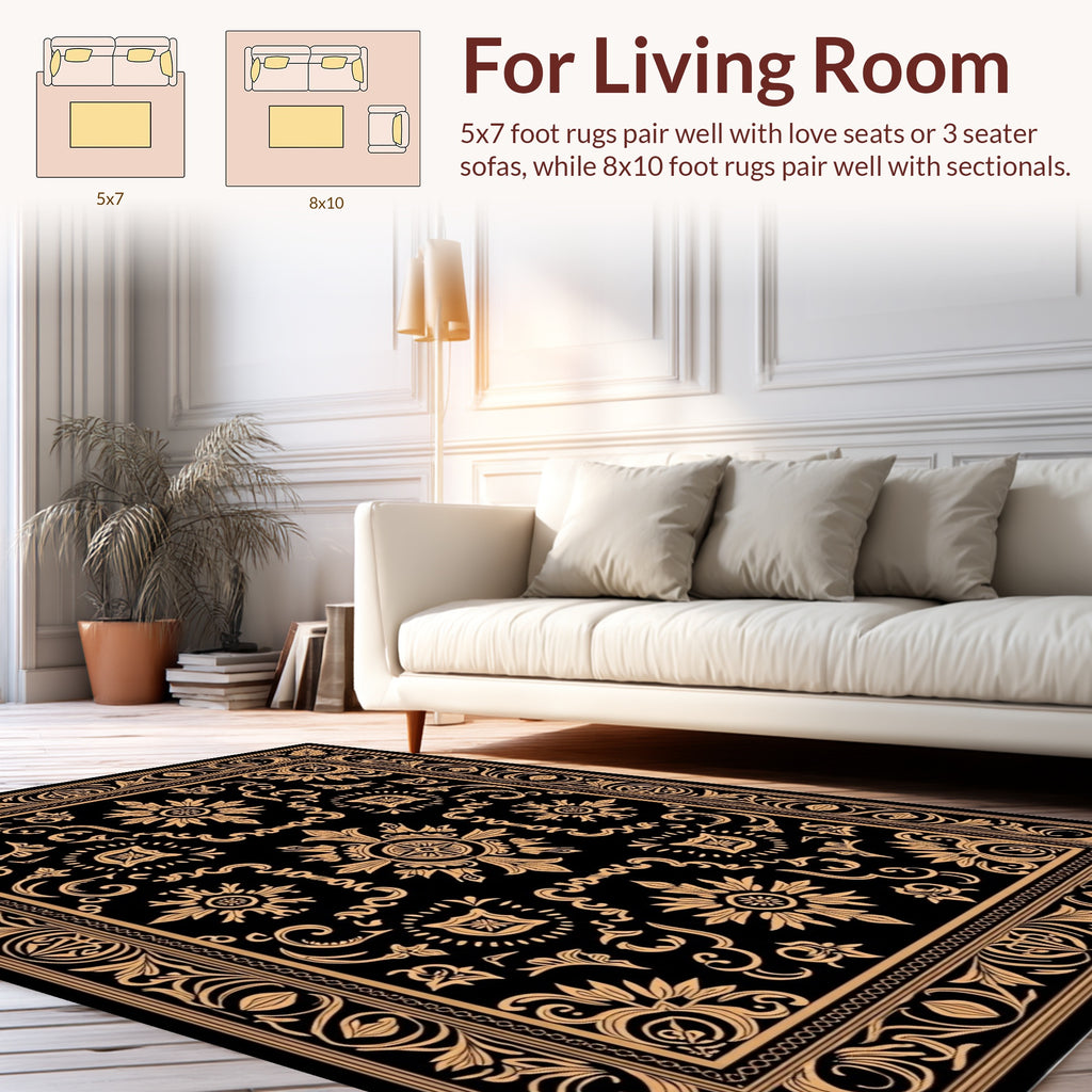 Elaborate Floral Scrollwork Black Gold Rug