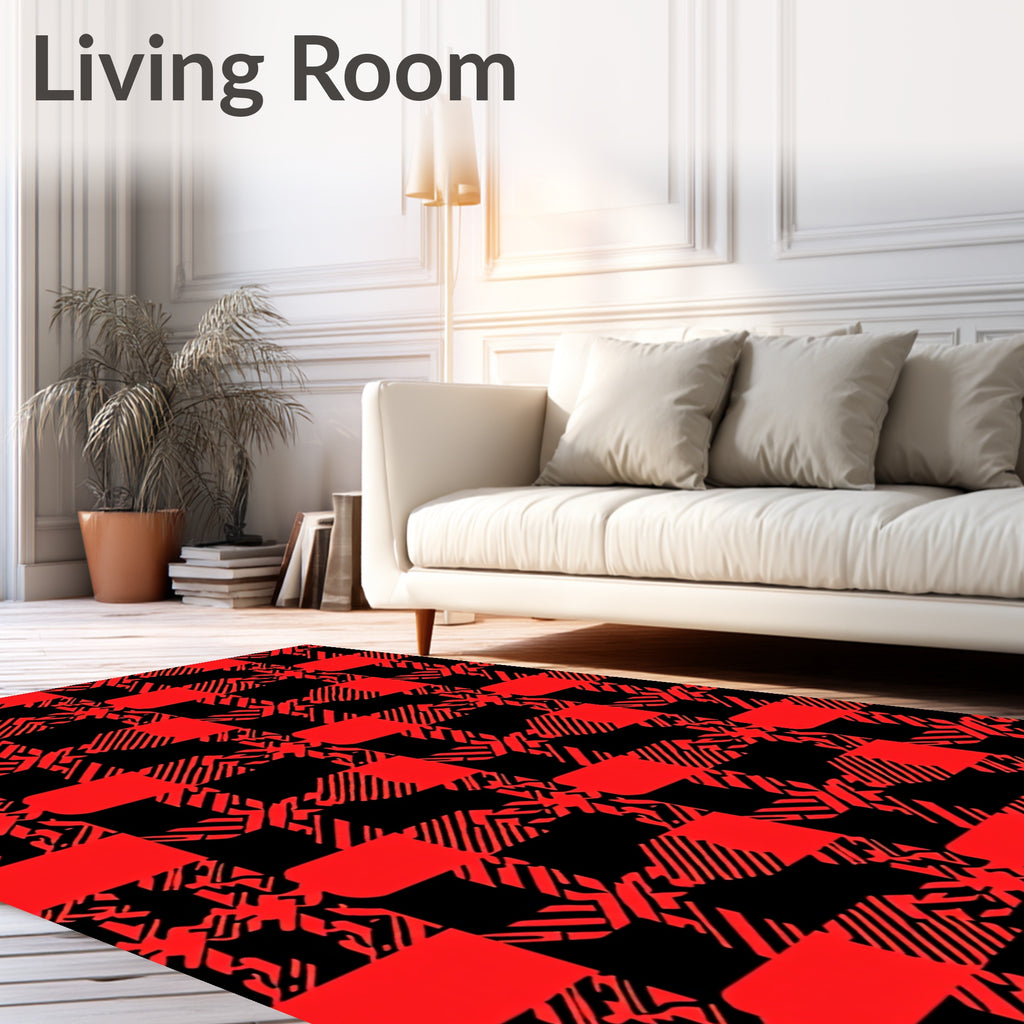 Bold Red Black Plaid Pattern Design Rug
