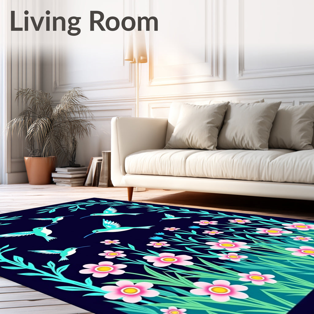 Turquoise Hummingbird Floral Meadow Rug