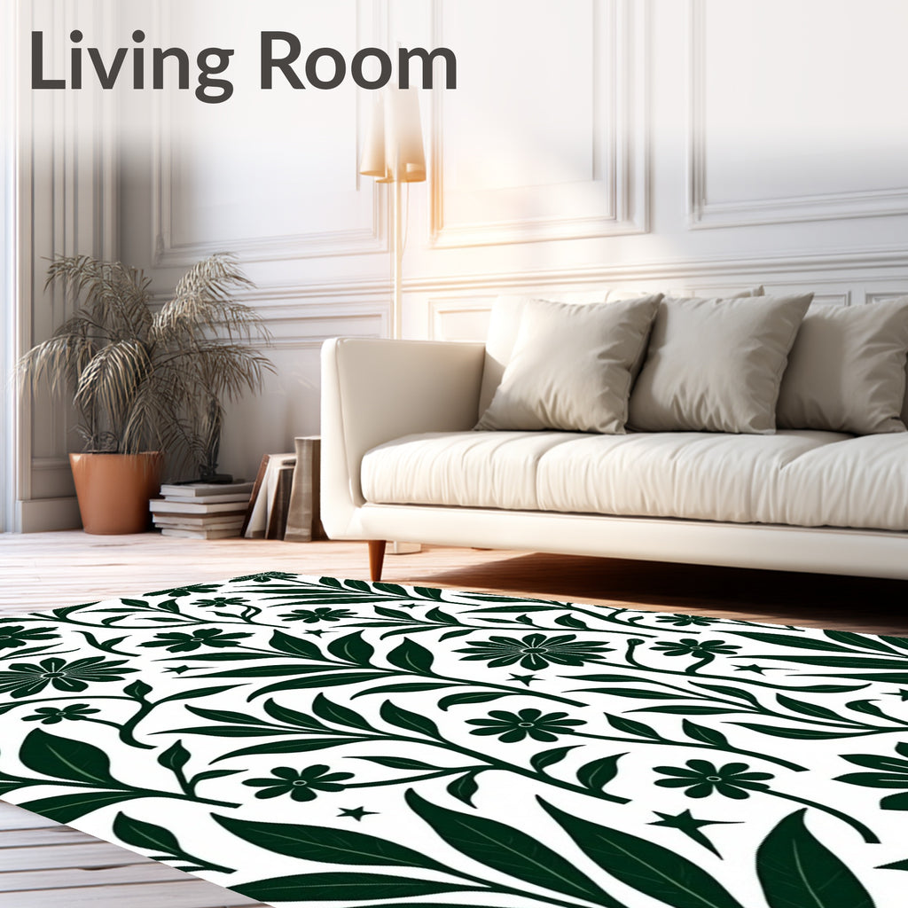 Dark Green Floral Branches Pattern Rug